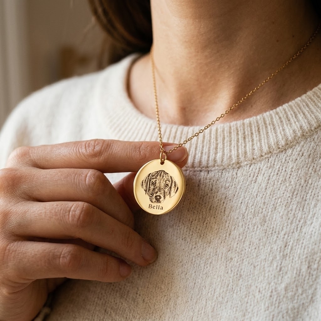 Real model wearing Custom Engraved Pet Portrait Necklace in 18K Gold Vermeil